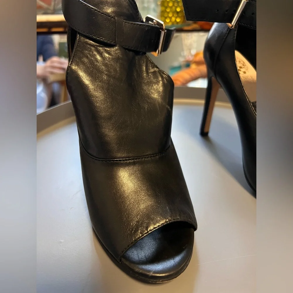 Vince Camuto Black Leather Peep-Toe Ankle-Strap Stilettos - Picture 11 of 16